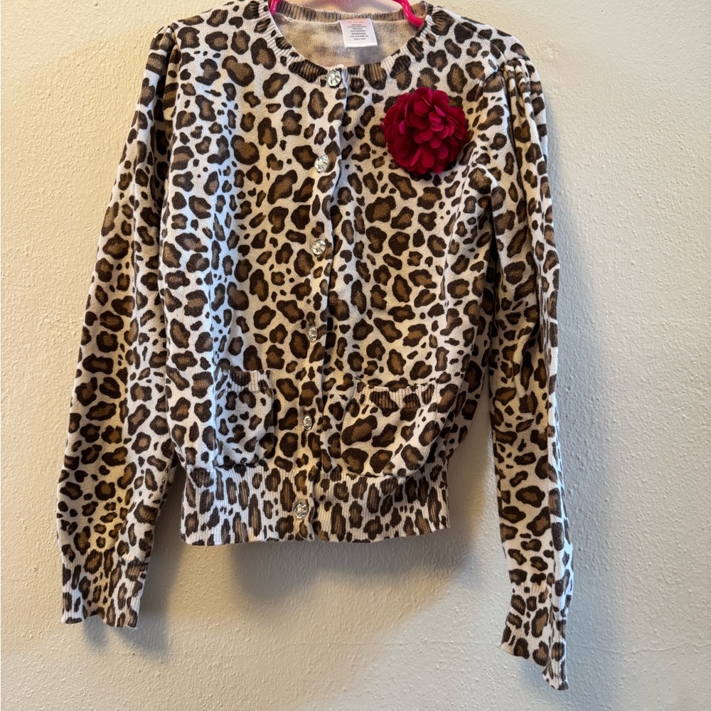 Gymboree Brown and Cream Leopard Print Cardigan with Bright Pink Flower. M (7-8)